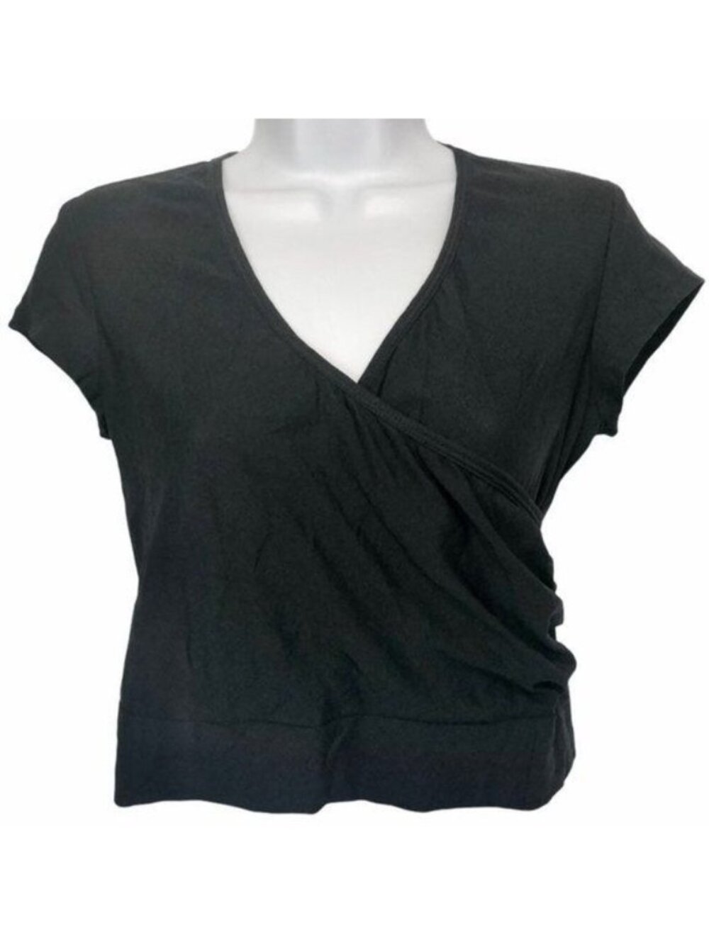 Vintage Y2K faux Wrap Crop Top Stretchy Short Sleeve Black lightweight mesh